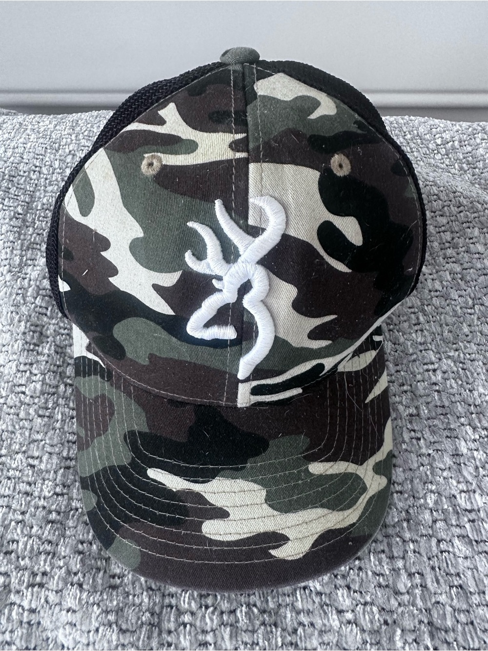 Browning Camo Trucker Hat with White Embroidered Antler Logo